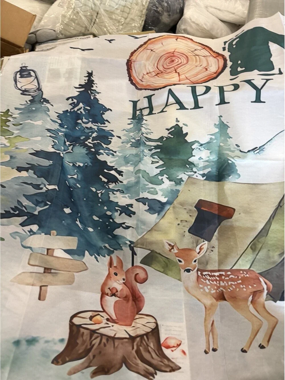 One happy camper tapestry camping flag sun block canopy shade ~57x75” Bear Fox
